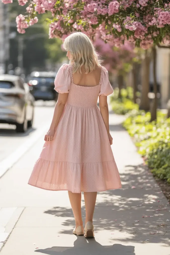 Woman wearing a pastel pink A-line or smocked dress, standing on a flower-lined sidewalk with sunlit spring ambiance. Soft, feminine, natural glowing light.