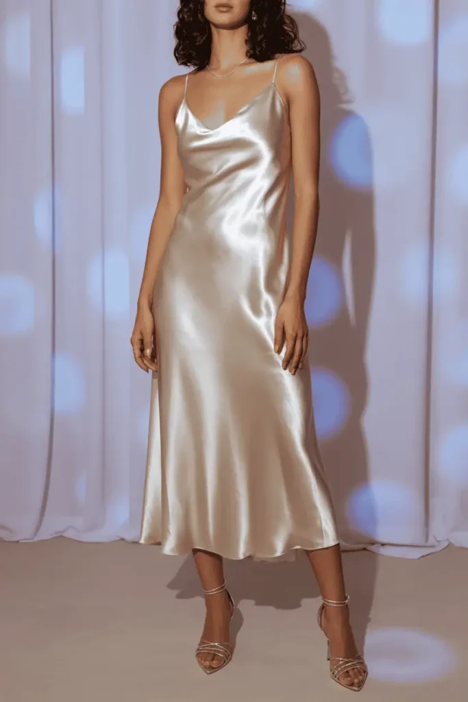 Woman wearing a champagne satin slip dress in a soft shimmering holiday setting.