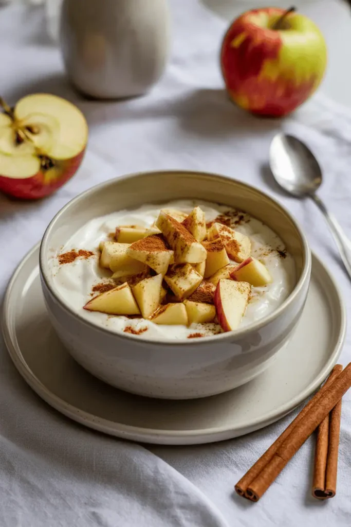 “yogurt bowl with diced apple and cinnamon, light cozy spring breakfast, neutral ceramic bowl, soft daylight, editorial food photography, photorealistic, no text, vertical 2:3”