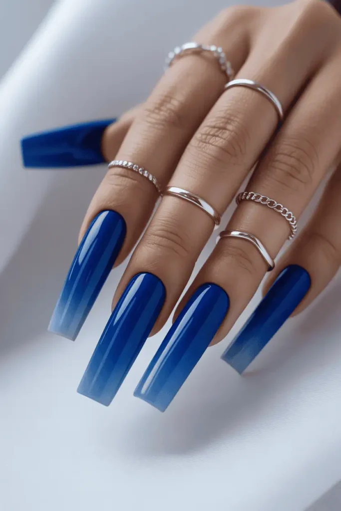 Cobalt Blue to Royal Blue Ombre on Coffin Nails