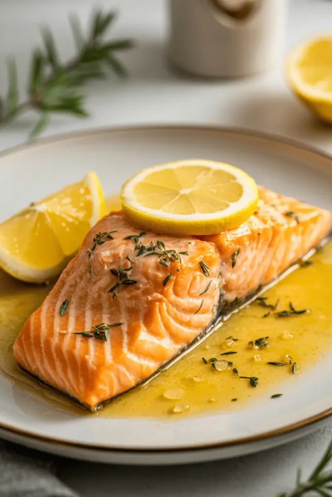 “baked salmon fillet with lemon butter sauce, flaky texture visible, lemon slices and herbs on top, clean white plate, soft natural light, elegant home dinner setting, professional food photography, photorealistic, no text, vertical 2:3”