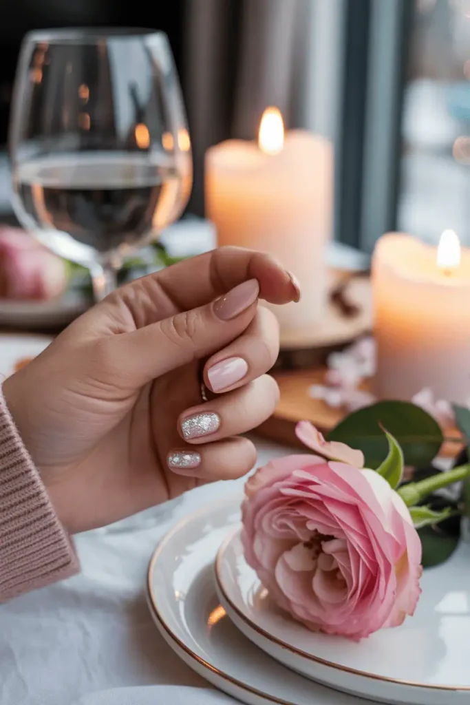 Blush pink nails with subtle silver glitter, romantic winter dinner scene.
