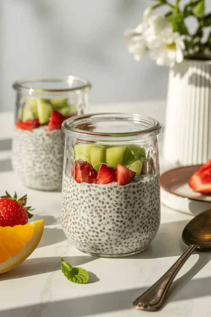 “chia seed pudding topped with fresh fruit, creamy texture, glass jar, bright spring morning light, calm healthy breakfast vibe, photorealistic, no text, vertical 2:3”
