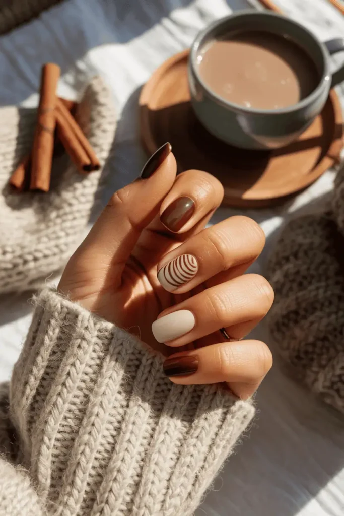 Chocolate-brown nails with creamy beige accents, cozy table setting.
Pinterest hero photo, warm morning light, cozy neutral tones, props: cup of cocoa, cinnamon sticks, knit.