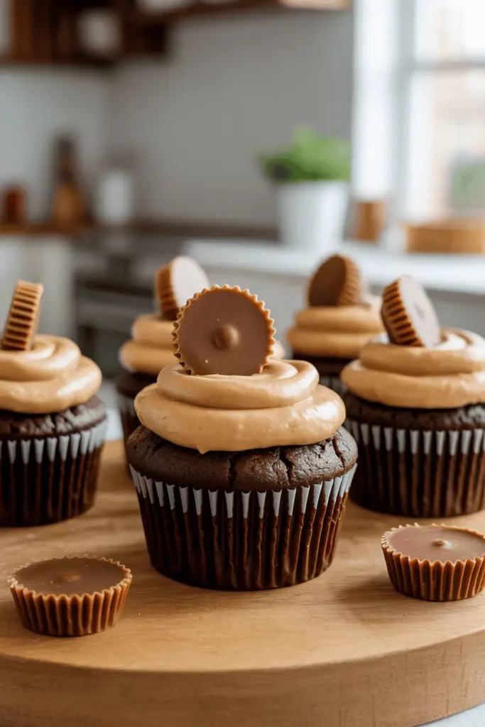 “chocolate cupcakes with peanut butter frosting and mini peanut butter cup on top, warm tones, cozy homemade kitchen setting, natural light, photorealistic food photography, no text, vertical 2:3”