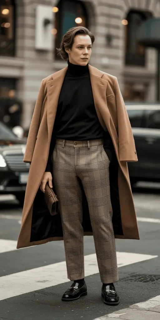 Black Turtleneck with Plaid Wool Trousers
