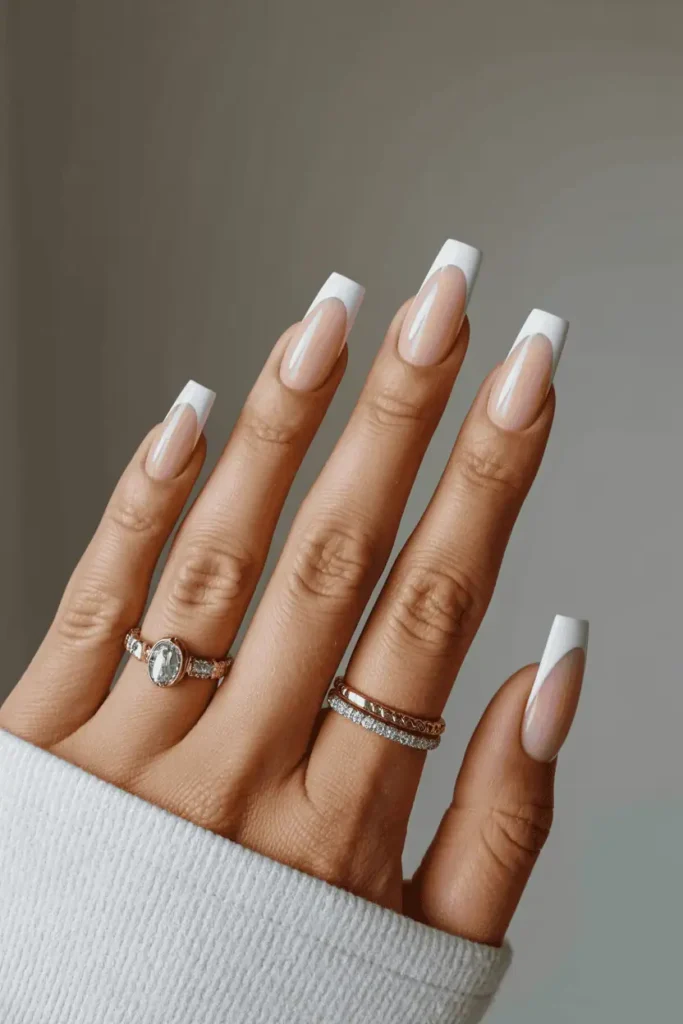 Dusty Pink with White Tips French Coffin Nails