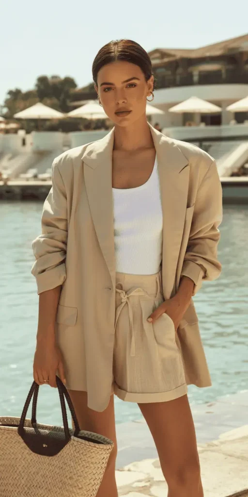 Coastal Chic: Linen Blazer + White Tank + Linen Shorts