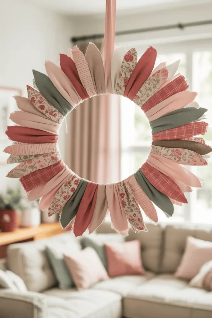 “fabric scrap Valentine’s wreath made from tied fabric strips, soft mixed textures, muted pinks and neutrals, cozy home background, relaxed handmade feel, natural daylight, realistic photography, no text, 2:3 vertical”