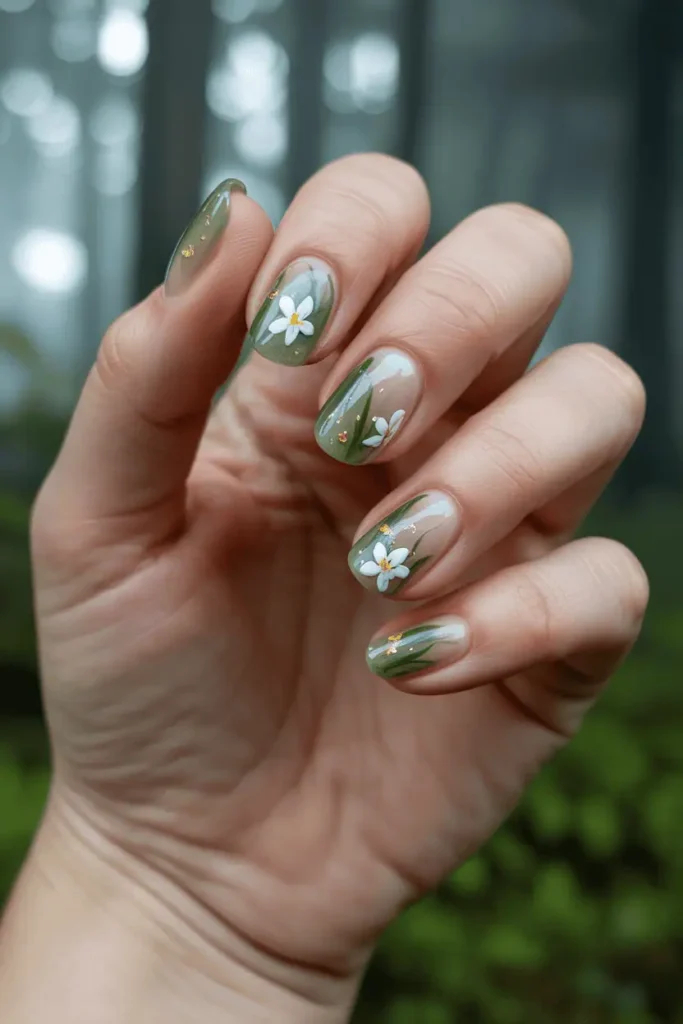 forest fairy nail art inspired by lilies, translucent nails with moss green tones, delicate white petals, gold flecks, soft shimmer, enchanted forest background, misty light, magical fairycore aesthetic, cinematic macro nail photography, realistic hands, shallow depth of field, pinterest vertical 2:3, no text