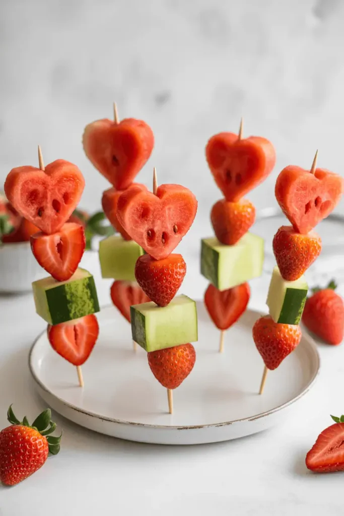 “fruit skewers with heart-shaped watermelon and strawberries, colorful fresh fruit, clean white background, bright natural light, healthy Valentine treat look, professional food photography, no text, vertical 2:3”