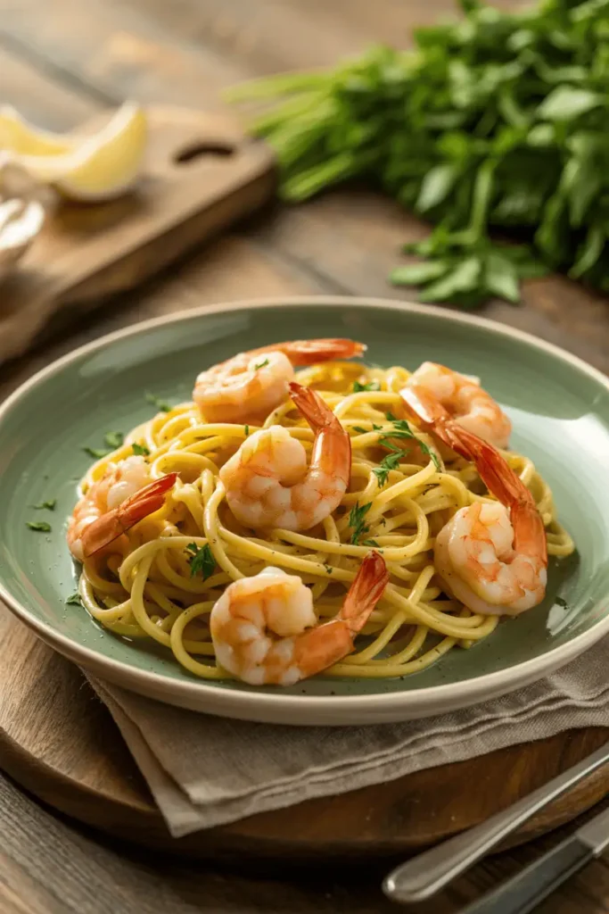 “garlic butter shrimp pasta with pink shrimp and parsley, glossy butter sauce, warm evening light, elegant but simple plating, professional food photography, photorealistic, no text, vertical 2:3”