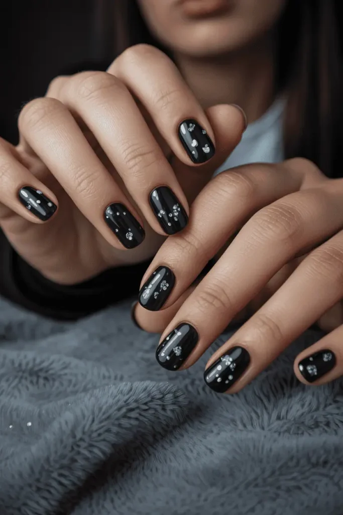 glossy black nails with scattered tiny silver glitter droplets, starry-night effect, soft shimmering lighting, realistic hands, cozy dark background