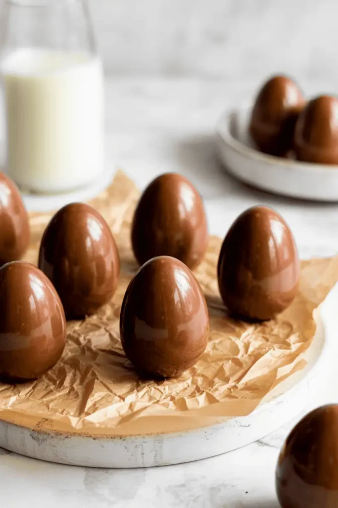 “homemade peanut butter chocolate eggs on parchment paper, rustic handmade look, soft easter colors, bright natural light, professional food photography, photorealistic, no text, vertical 2:3”