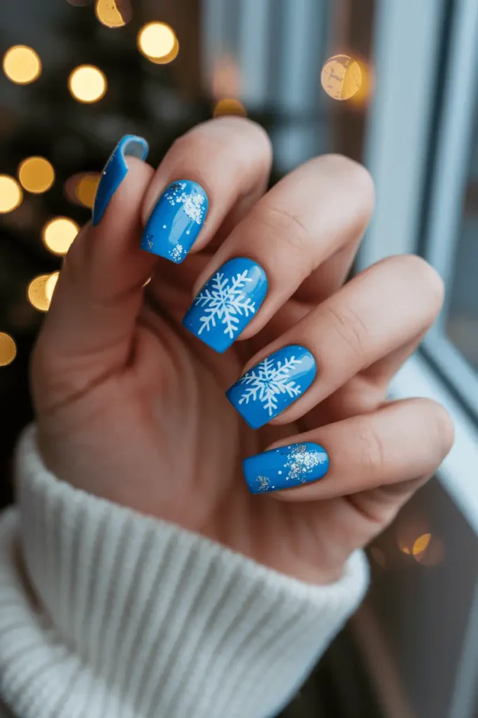 icy bright blue nails with bold white snowflakes and glitter, high contrast winter style, cozy indoor Christmas lights background, soft bokeh, realistic hands