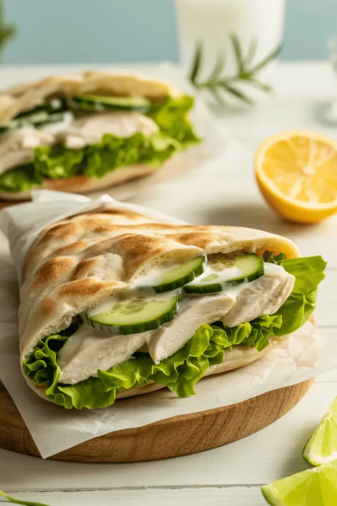 “lemon yogurt chicken pita sandwich with lettuce and cucumber, cut open to show filling, fresh lunch vibe, bright natural daylight, professional food photography, photorealistic, no text, vertical 2:3”