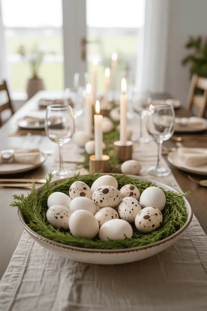 “low Easter table centerpiece with shallow bowl of speckled eggs and greenery, candles spaced along table, open sightlines, natural daylight, relaxed spring styling, realistic interior photography, no text, 2:3 vertical”
