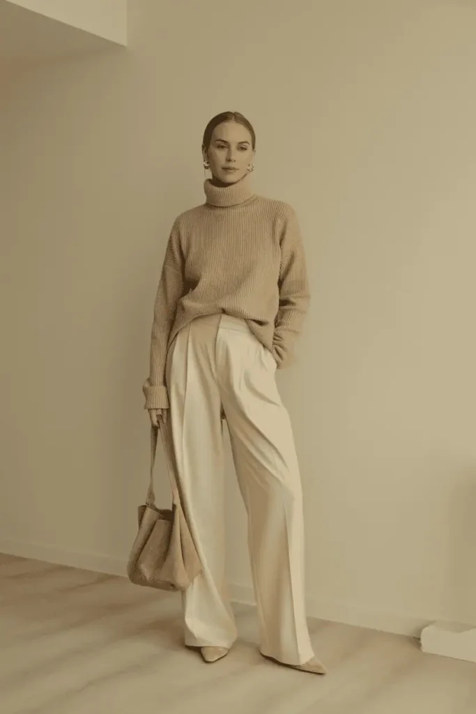 βmonochromatic neutral outfit, light beige turtleneck with cream wide-leg trousers, suede bag and matching shoes, soft warm lighting, airy minimalist background, luxury editorial fashion photography, no peopleβ