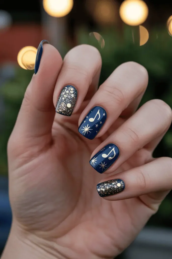 navy blue and gold glitter nails with subtle star and music-note accents, elegant night-time aesthetic, warm cinematic lighting, realistic hands
