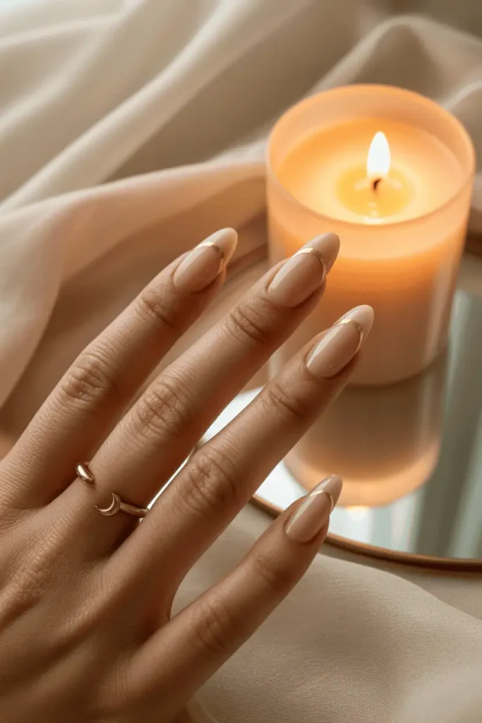 Neutral nails with fine gold crescent at base, elegant scene, warm candlelight.