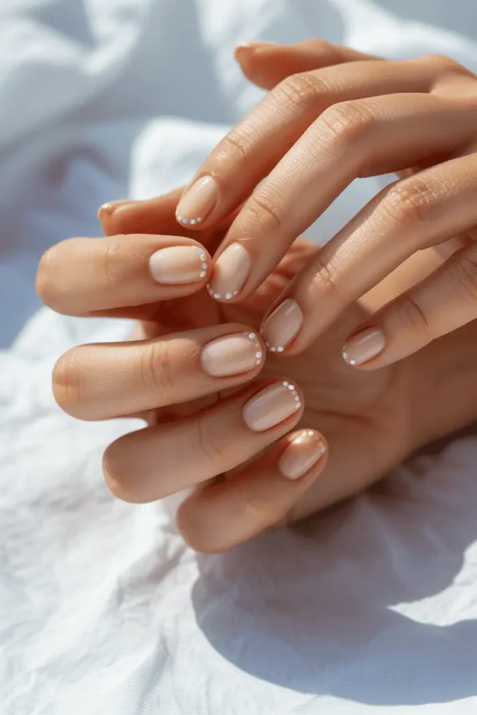 nude nails with tiny pastel dot accents, minimalist Scandinavian style, realistic hands, clean bright background, soft spring lighting, high realism