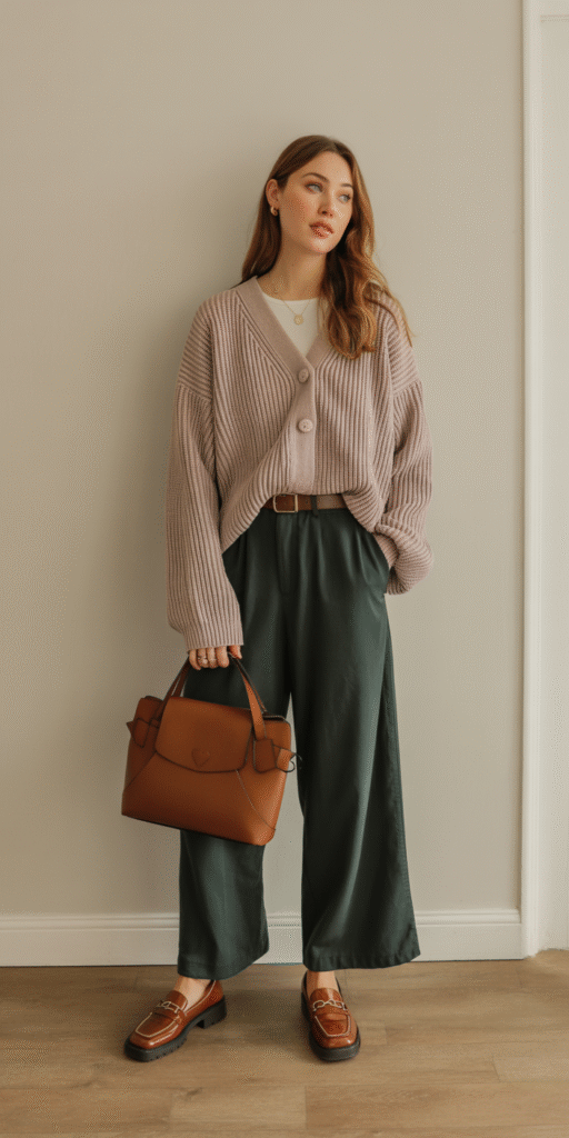 A stylish woman standing in a cozy, autumn-inspired setting, wearing a warm, oversized cardigan in a neutral tone over a simple white top. Her wide-leg pants in a rich, autumnal hue flow gracefully, complementing the ensemble. The lighting is soft and diffused, creating a gentle, inviting atmosphere. The background features a blurred, natural landscape with vibrant fall foliage, emphasizing the seasonal theme. The overall look is a harmonious blend of casual elegance and seasonal comfort. Outfit laid out flat: chunky knit cardigan (light brown or blush), wide-leg pants in dark forest green or navy, leather belt, loafers or boots, structured handbag β cozy office-to-weekend vibe with neutral tones