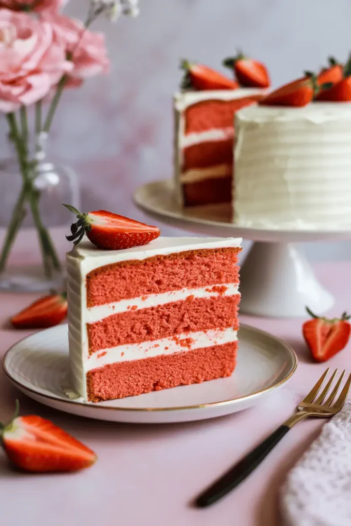 “pink velvet cake slice on plate, soft pink crumb, cream cheese frosting, fresh strawberries, light romantic styling, pastel background, professional food photography, no text, 2:3 vertical”