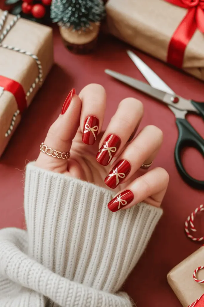Red nails with gold ribbon and bow nail design, holiday wrapping paper background, DIY manicure scene.
Pinterest hero photo, warm daylight, cozy lifestyle composition, props: ribbon, scissors, gifts.