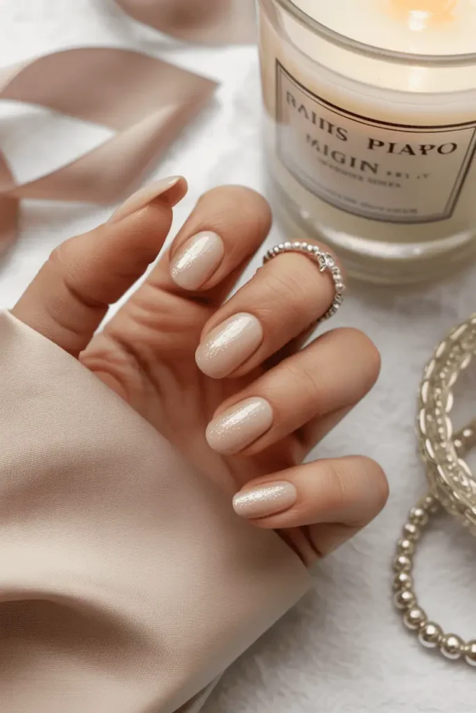 Rose beige nails with delicate shimmer, soft light and neutral background.