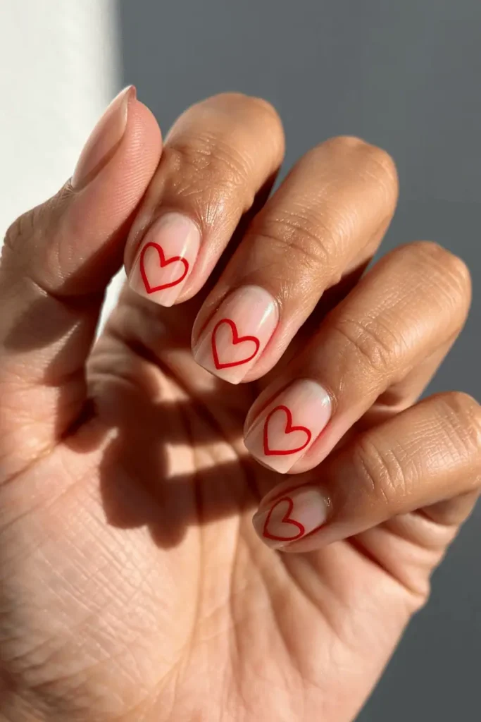 sheer nude or soft pink nails with thin red heart outlines, natural hand pose, warm daylight, clean minimal Valentine background, realistic details