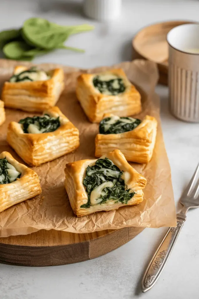 “spinach and cheese puff pastry bites on parchment paper, golden flaky layers, light spring lighting, minimal props, brunch snack styling, professional food photography, photorealistic, no text, vertical 2:3”