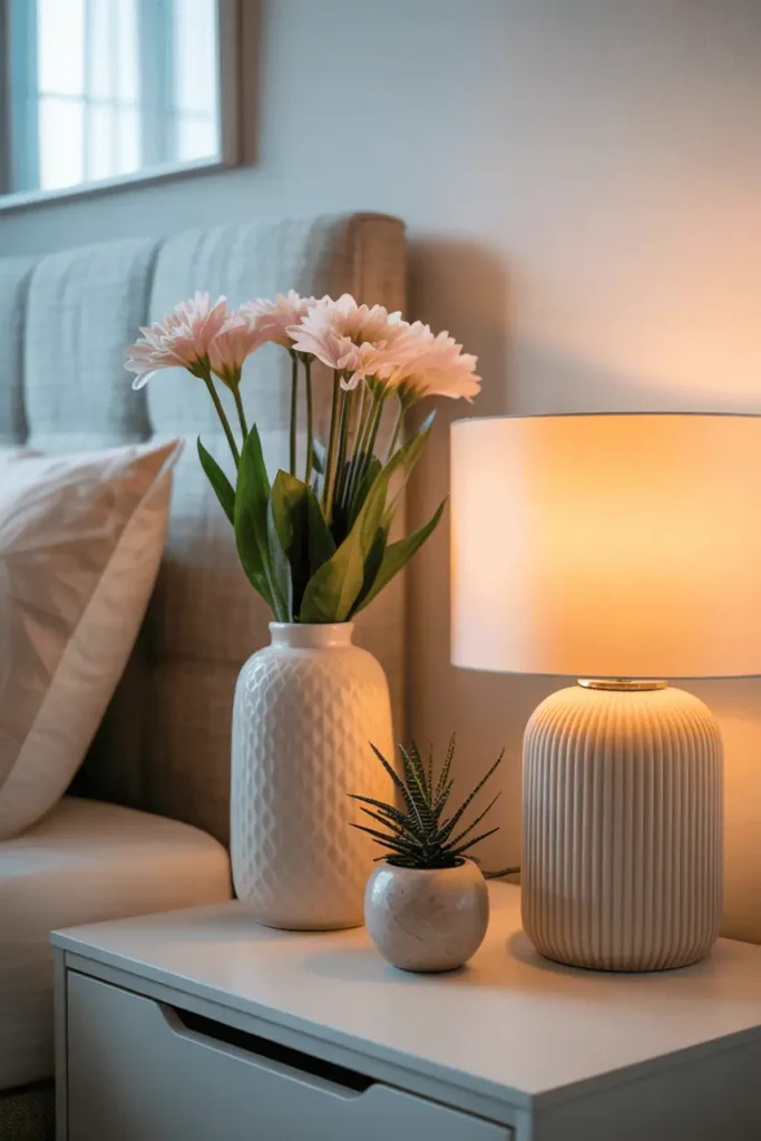 “spring bedroom vignette with ceramic vase, soft flowers, small plant, warm bedside lamp, cozy personal details, pastel accents, airy daylight, calm luxury style, realistic photography, no text, 2:3 vertical”
