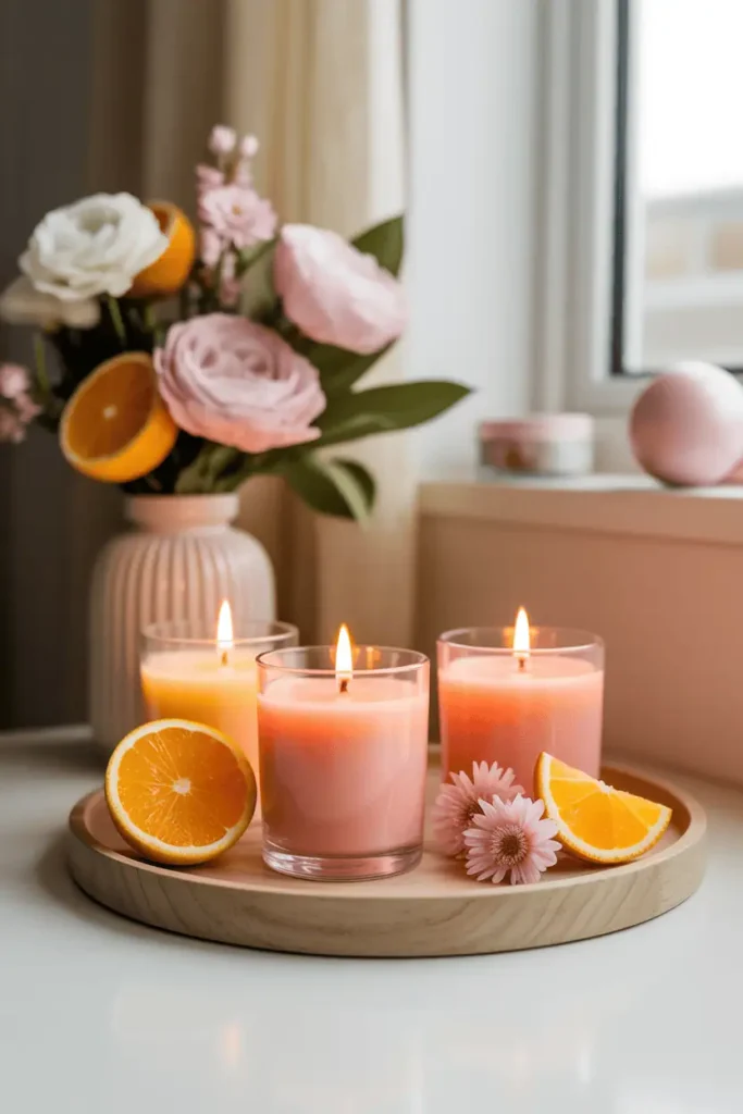 “spring candle scene with soft citrus or floral candles, clean minimal tray, gentle warm light, pastel accents, airy home background, realistic product photography style, no text, 2:3 vertical”