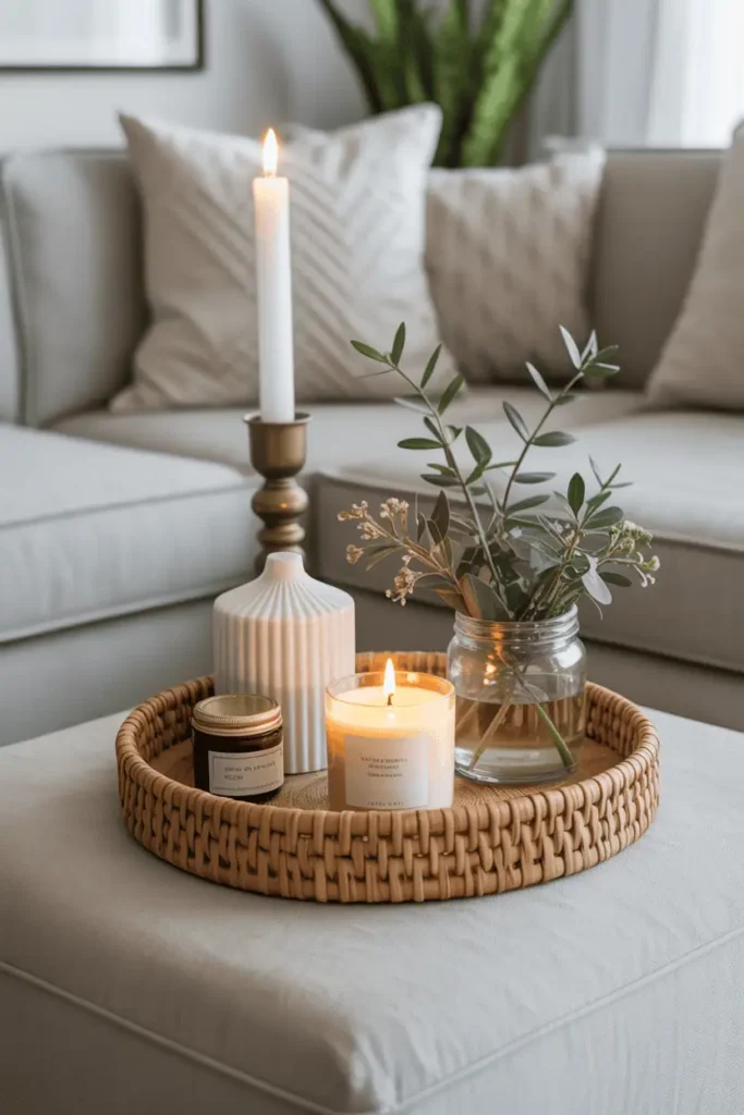 “spring-styled tray with handmade decor items, candle, small jar, greenery, neutral tones, placed on coffee table, airy early spring atmosphere, realistic photography, no text, 2:3 vertical”