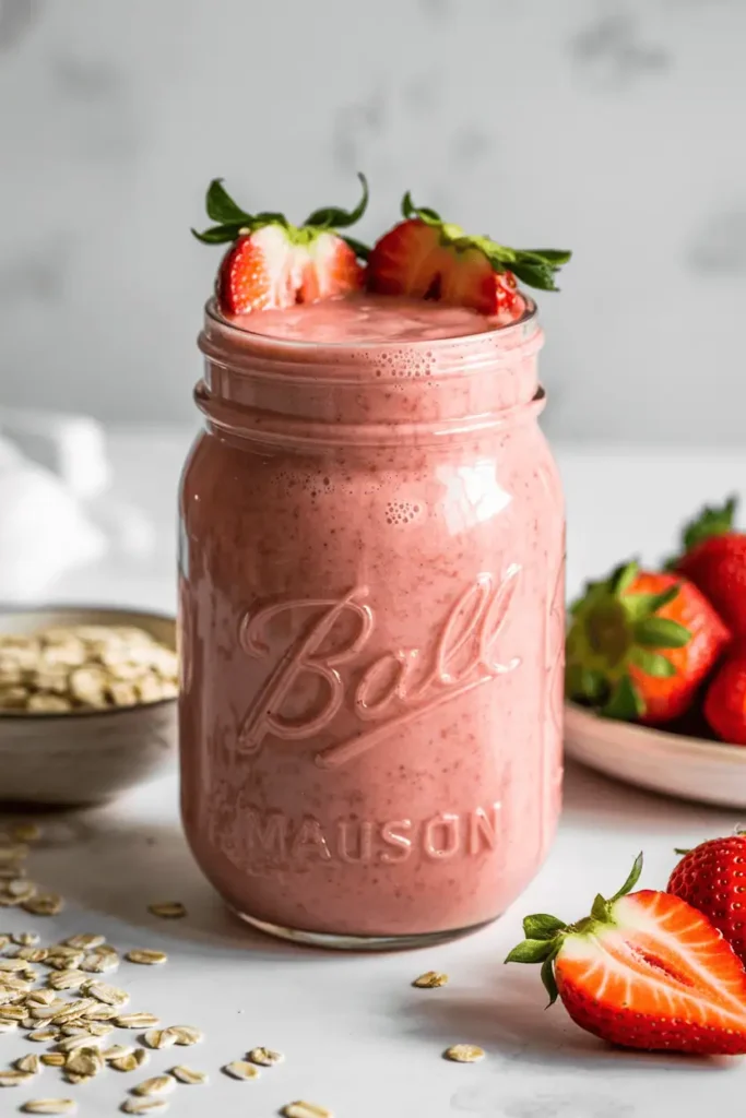 “strawberry oat smoothie in mason jar, creamy pink color, oats and strawberries visible, bright morning light, simple healthy setting, professional food photography, photorealistic, no text, vertical 2:3”