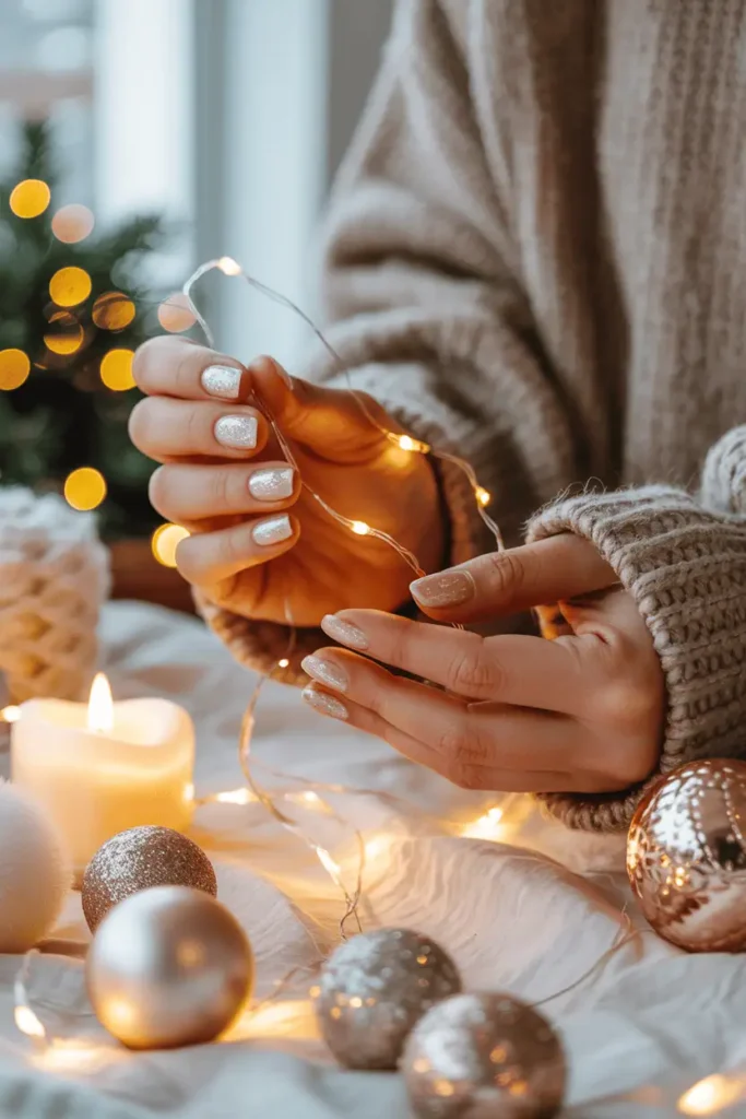 White nails with thin gold lines holding a simple white mug, blurred gold decor behind.