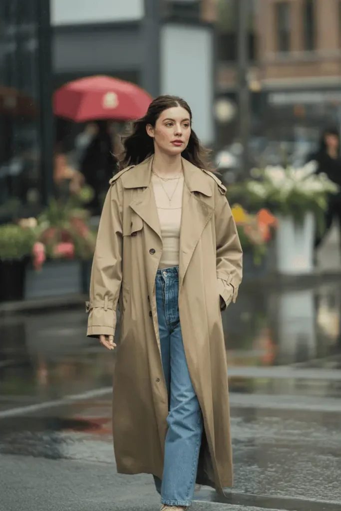 Woman wearing a beige lightweight trench coat layered over jeans and a simple top, walking on a rainy-but-bright spring street with reflections and soft florals. Cinematic but fresh.