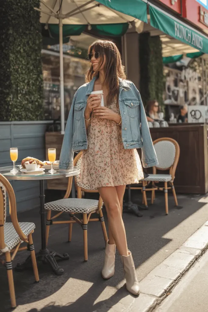 Woman wearing a floral mini dress with denim jacket and ankle boots. Brunch café setting with mimosas, pastries, warm sunlight, girly atmosphere.