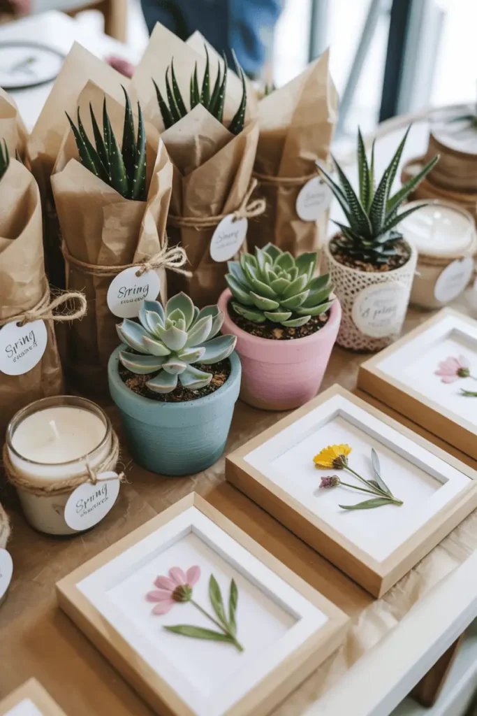 A collection of finished spring craft projects arranged as if for sale or gifting: small painted pots with succulents, framed pressed flowers, wrapped candles with spring tags. Each item is wrapped in tissue paper and tied with twine. Styled on a craft table with natural light, market-ready presentation.