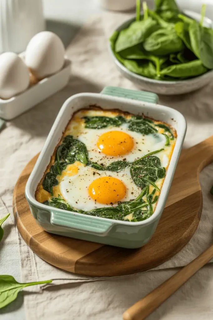 “baked eggs with spinach in small baking dish, warm but light spring breakfast, fresh natural light, simple home kitchen styling, photorealistic, no text, vertical 2:3”