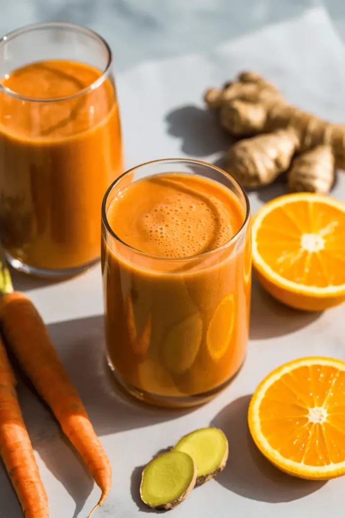 “carrot orange ginger smoothie in clear glass, bright orange color, carrots orange slices and ginger root nearby, fresh spring light, clean healthy styling, professional food photography, photorealistic, no text, vertical 2:3”