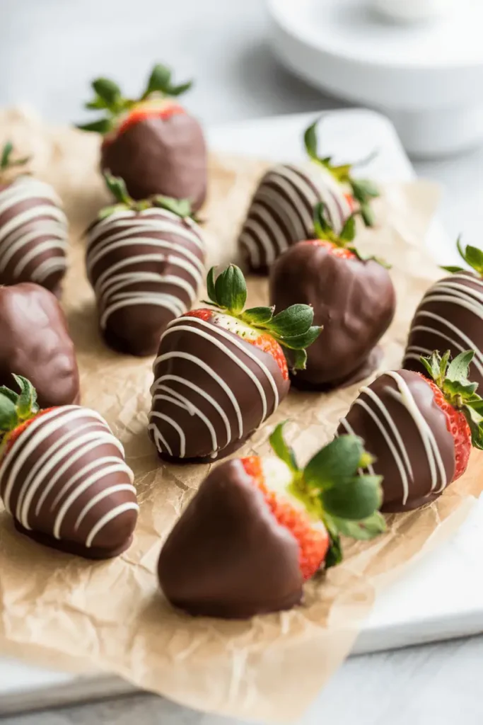 “chocolate-dipped strawberries on parchment paper, glossy chocolate coating, some drizzled with white chocolate, bright natural light, fresh romantic look, professional food photography, no text, 2:3 vertical”