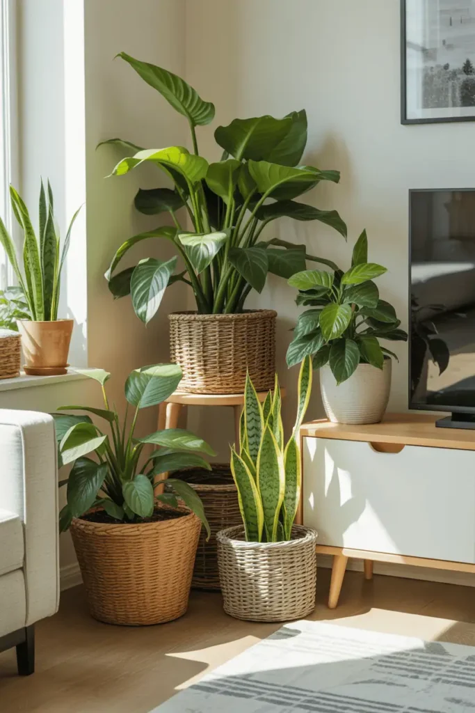 “corner of living room styled with spring indoor plants (pothos, peace lily, snake plant), woven planters, warm sunlight, fresh spring atmosphere, modern boho decor, realistic photography, no text, 2:3 vertical”