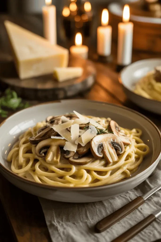“creamy mushroom pasta in shallow bowl, sautéed mushrooms with creamy sauce, parmesan shavings on top, cozy candlelit dinner atmosphere, warm tones, professional food photography, photorealistic, no text, vertical 2:3”