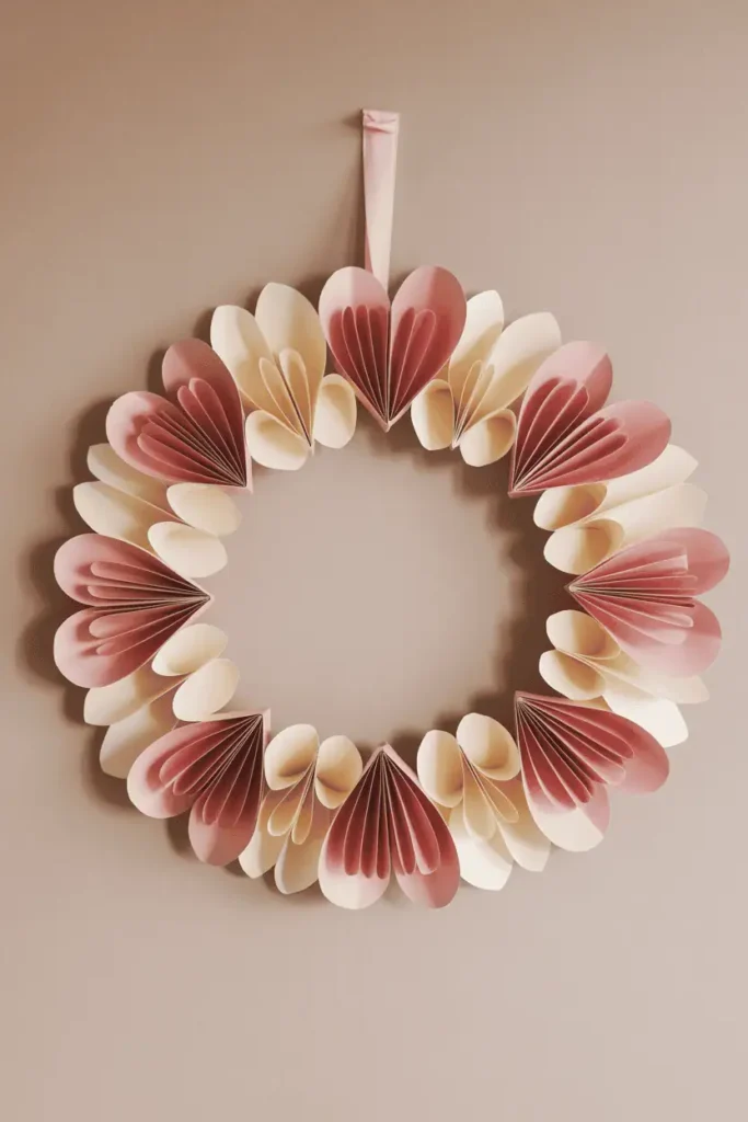 “DIY paper Valentine’s wreath made with layered paper hearts, soft pink and cream cardstock, simple wreath base, cozy crafting setup, natural light, handmade beginner aesthetic, realistic photography, no text, 2:3 vertical”