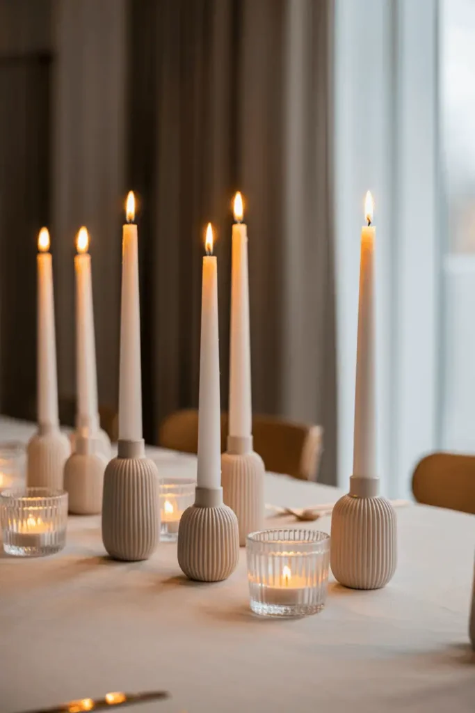 “early Easter table styled with slim taper candles and small votives, neutral candle holders, soft glowing light, natural daylight mixed with candlelight, elegant calm setting, realistic photography, no text, 2:3 vertical”
