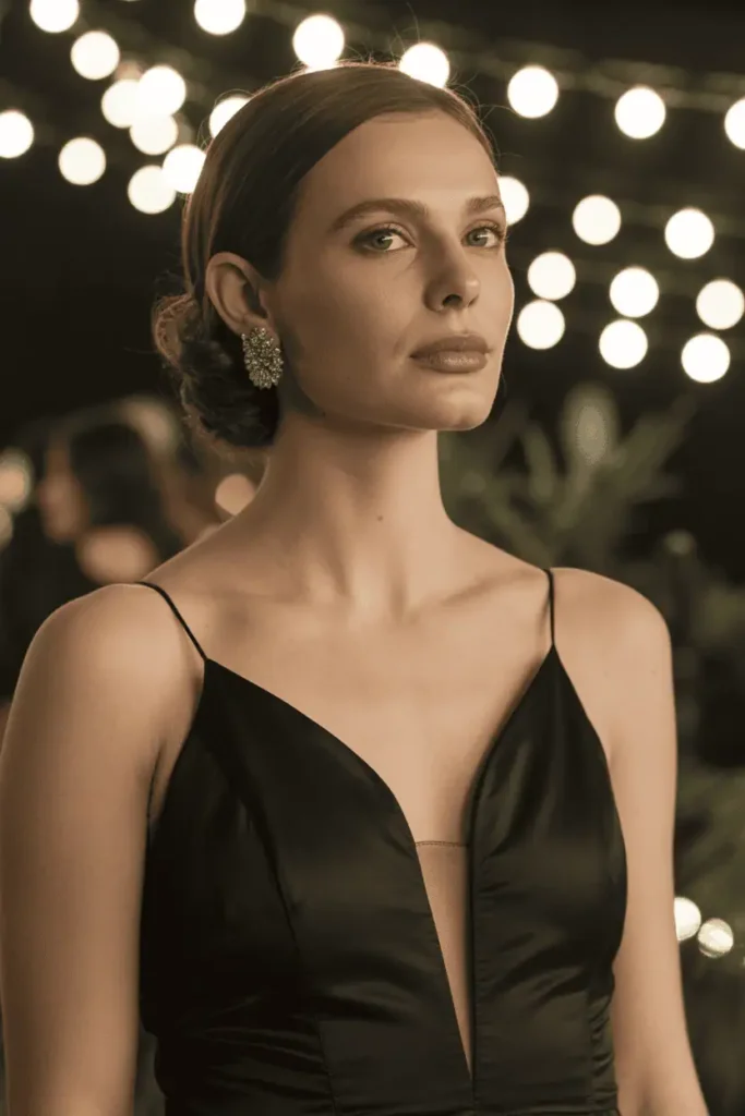 Woman in a black holiday cocktail dress in soft shimmering party lights.