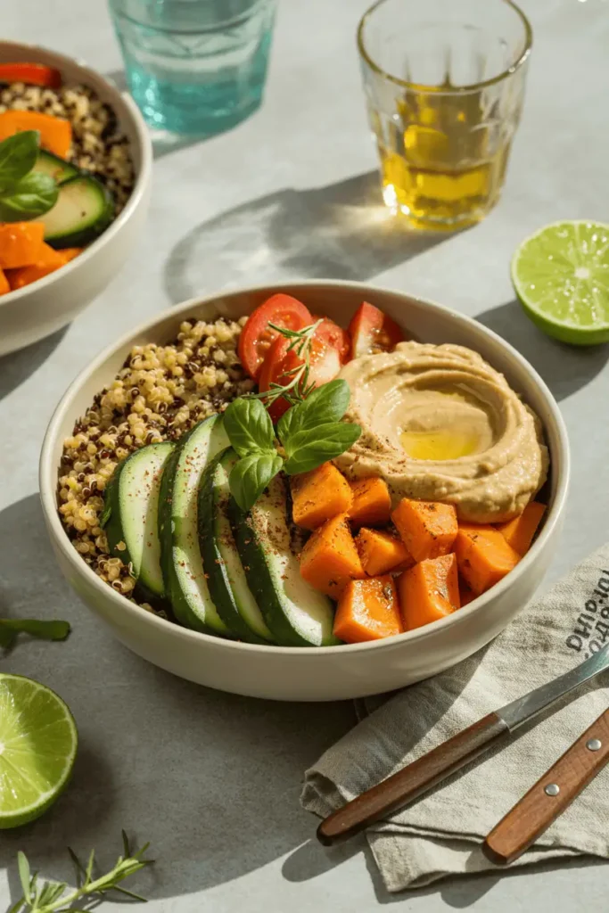 “grain bowl with quinoa roasted vegetables and hummus, colorful vegetables, fresh clean presentation, natural lunch lighting, professional food photography, photorealistic, no text, vertical 2:3”