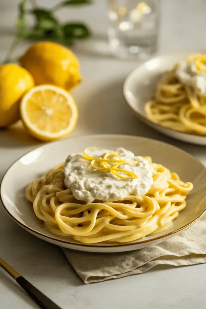 “lemon ricotta pasta with creamy ricotta sauce, lemon zest garnish, soft natural lighting, minimalist styling, professional food photography, photorealistic, no text, vertical 2:3”