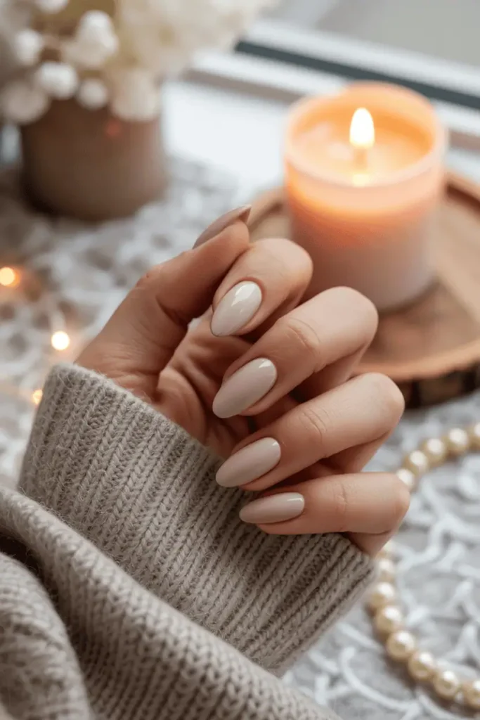 Matte nude almond nails, soft winter lighting, cozy neutral background.